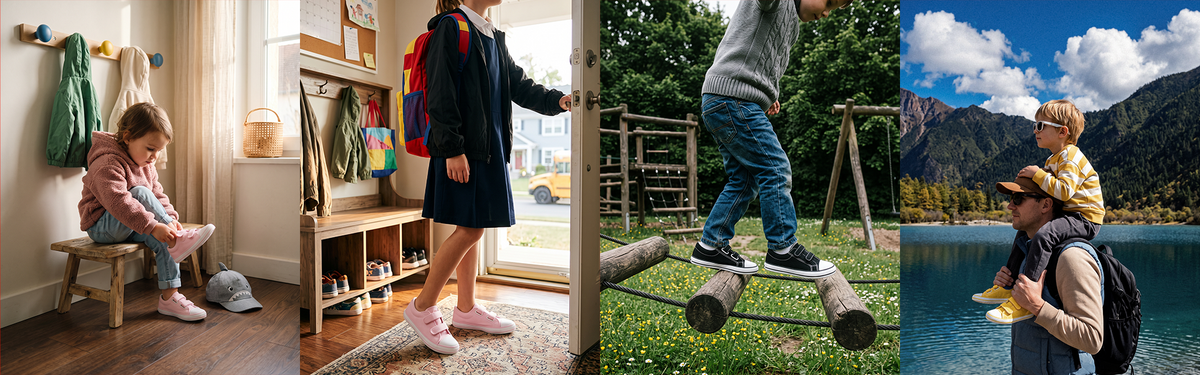 Kinder tragen Canvas Barfußschuhe bei Alltagsausflügen, Freizeitaktivitäten im Freien und Familienausflügen